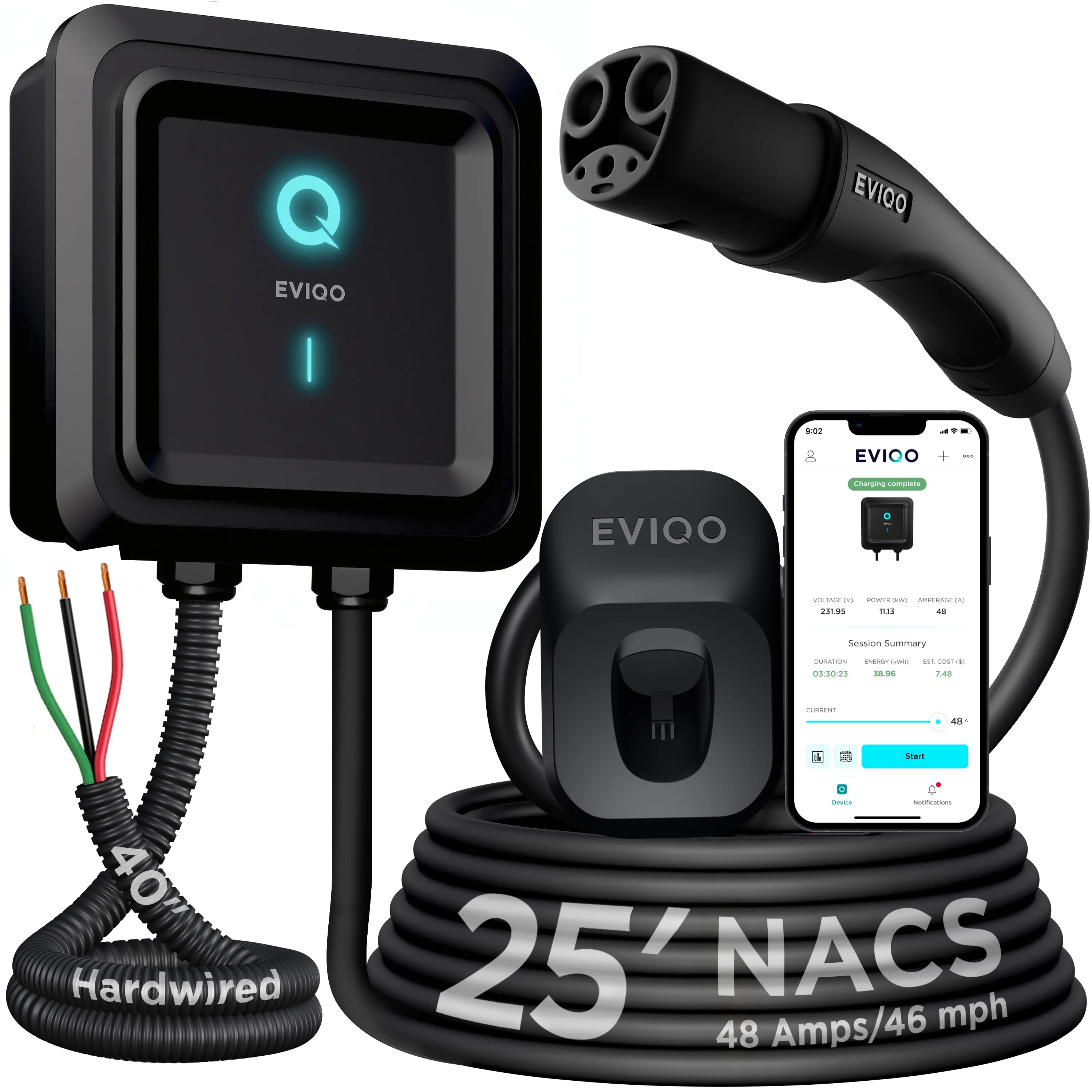 EVIQO Level 2 EV Charger Hardwired - NACS Charger Compatible with Tesla - 48 Amp