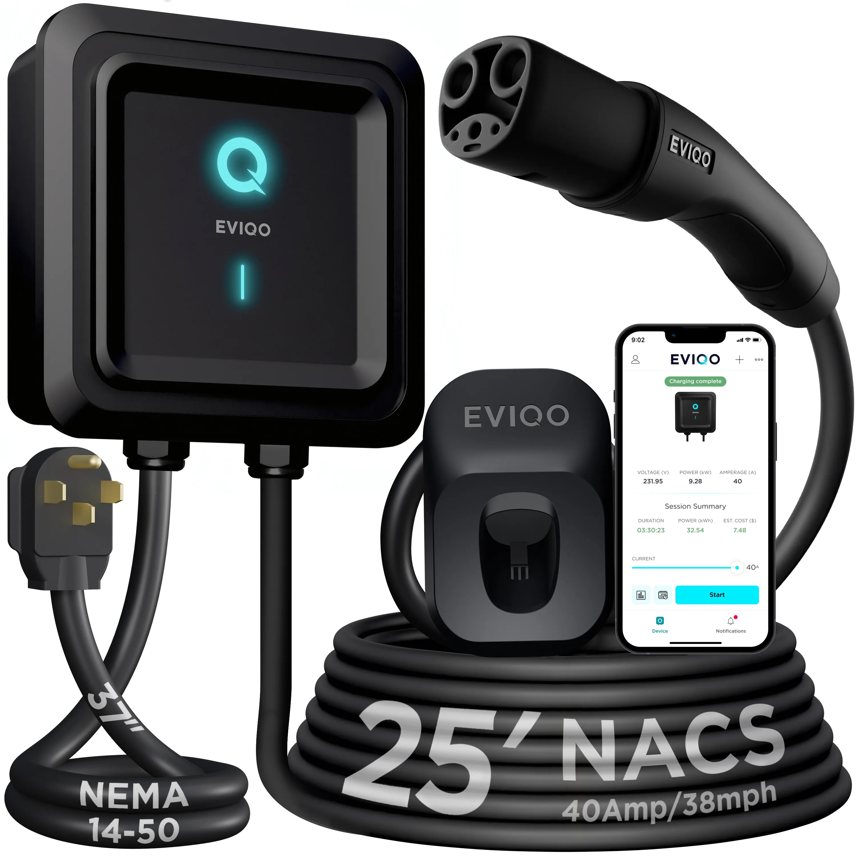 EVIQO Level 2 EV Charger - NACS Charger Compatible with Tesla - 40 Amp