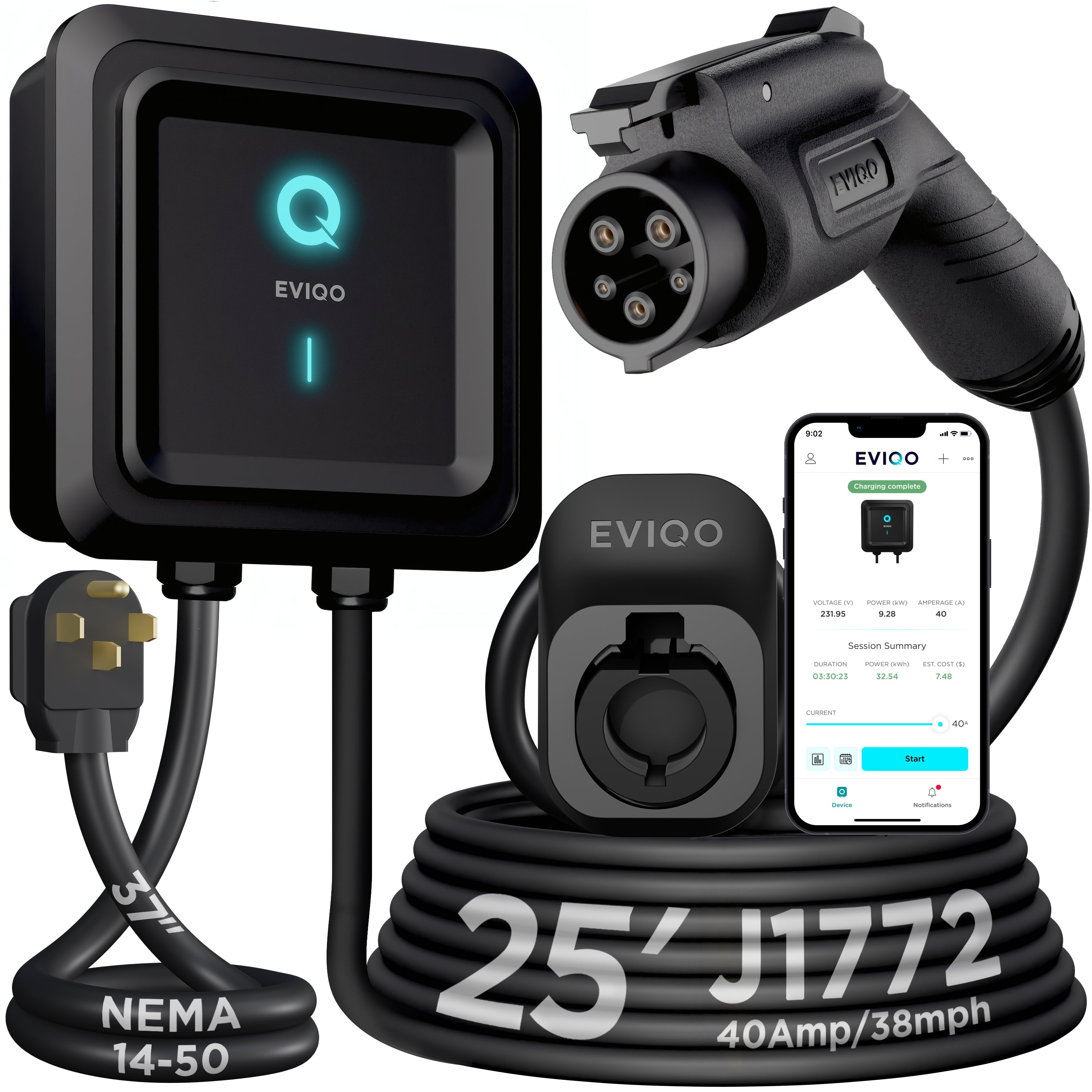 EVIQO Level 2 EV Charger GEN 2 NEMA 14-50 PLUG-IN (240V) - 40 Amp