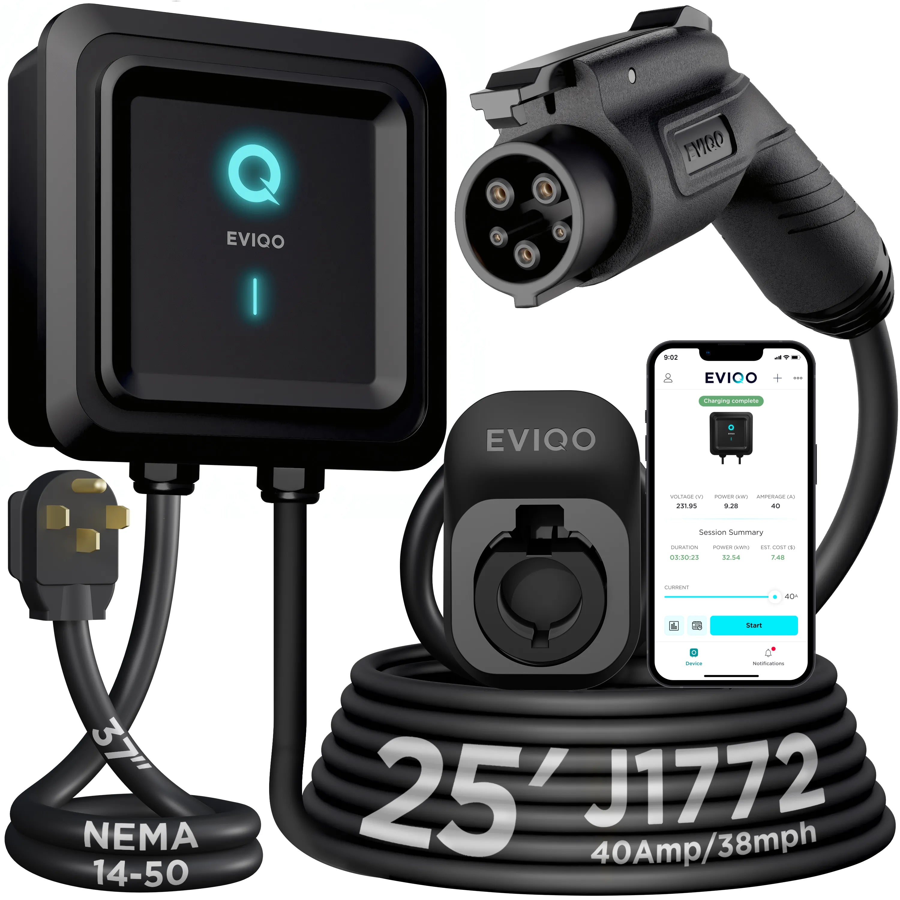 EVIQO Level 2 EV Charger GEN 2 NEMA 14-50 PLUG-IN (240V) - 40 Amp