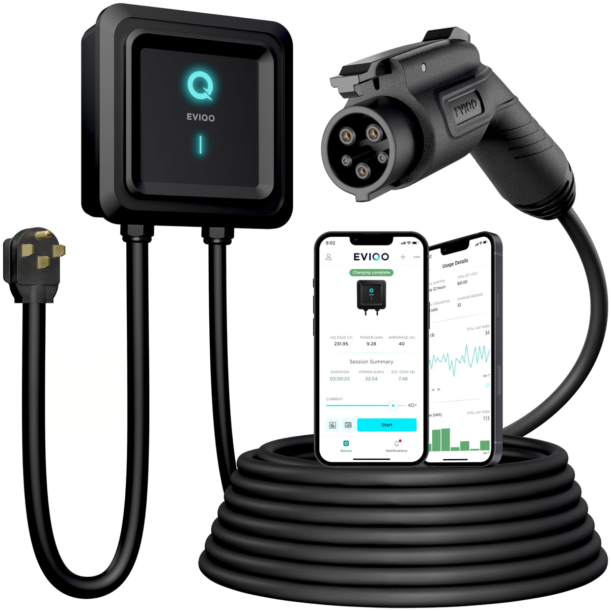 EVIQO Level 2 EV Charger 48 Amps – NEMA 14-50 Plug, J1772 25' Cable, WiFi (2.4 GHz) Smart App - Weatherproof Indoor/Outdoor (IP66,NEMA 4) UL, ETL Certified