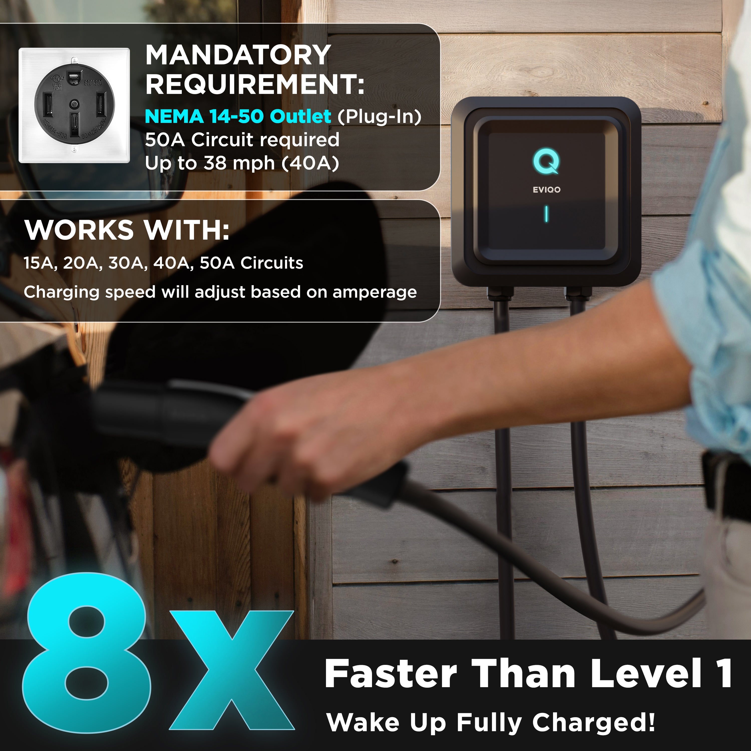 EVIQO Level 2 EV Charger - NACS Charger Compatible with Tesla - 40 Amp