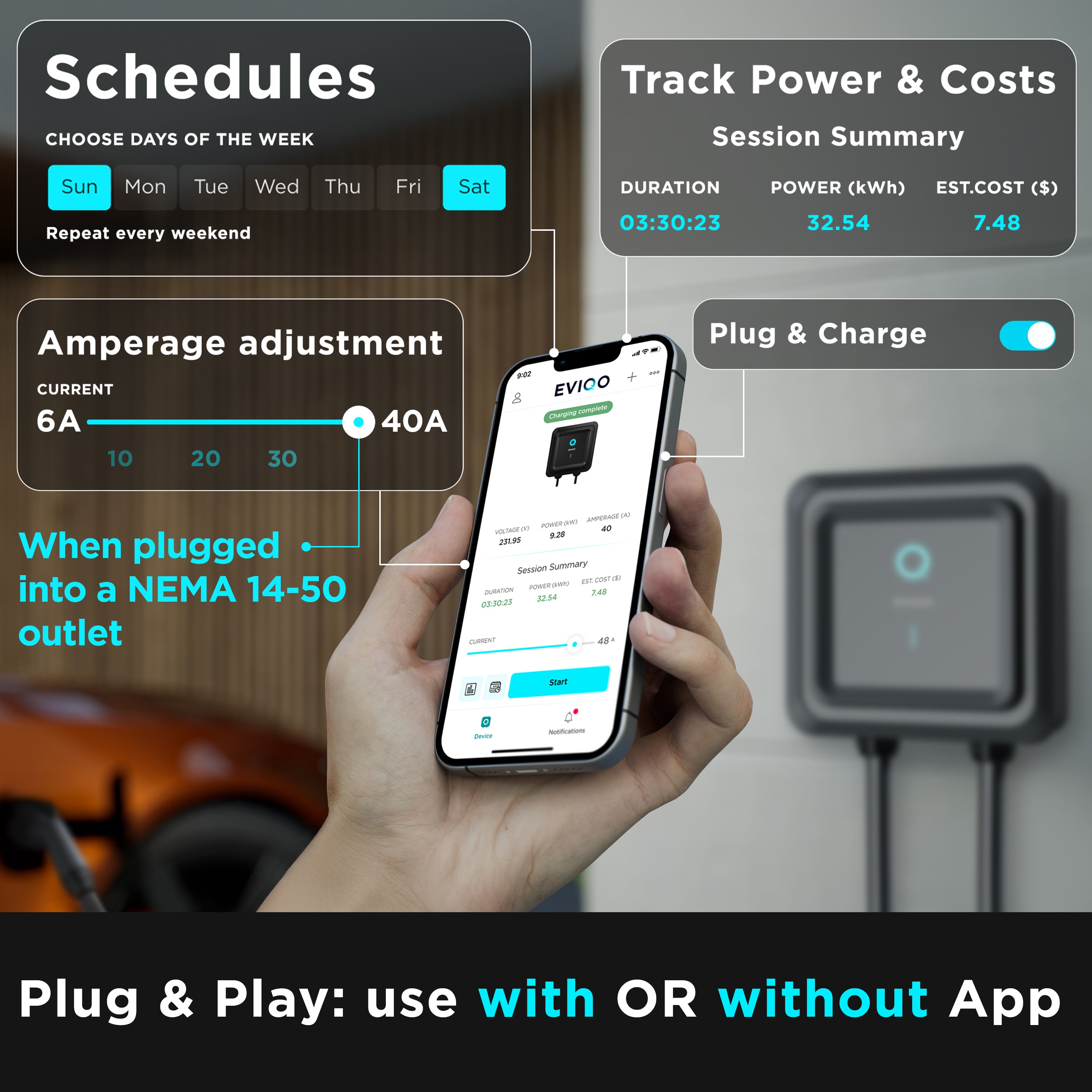 EVIQO Level 2 EV Charger - NACS Charger Compatible with Tesla - 40 Amp