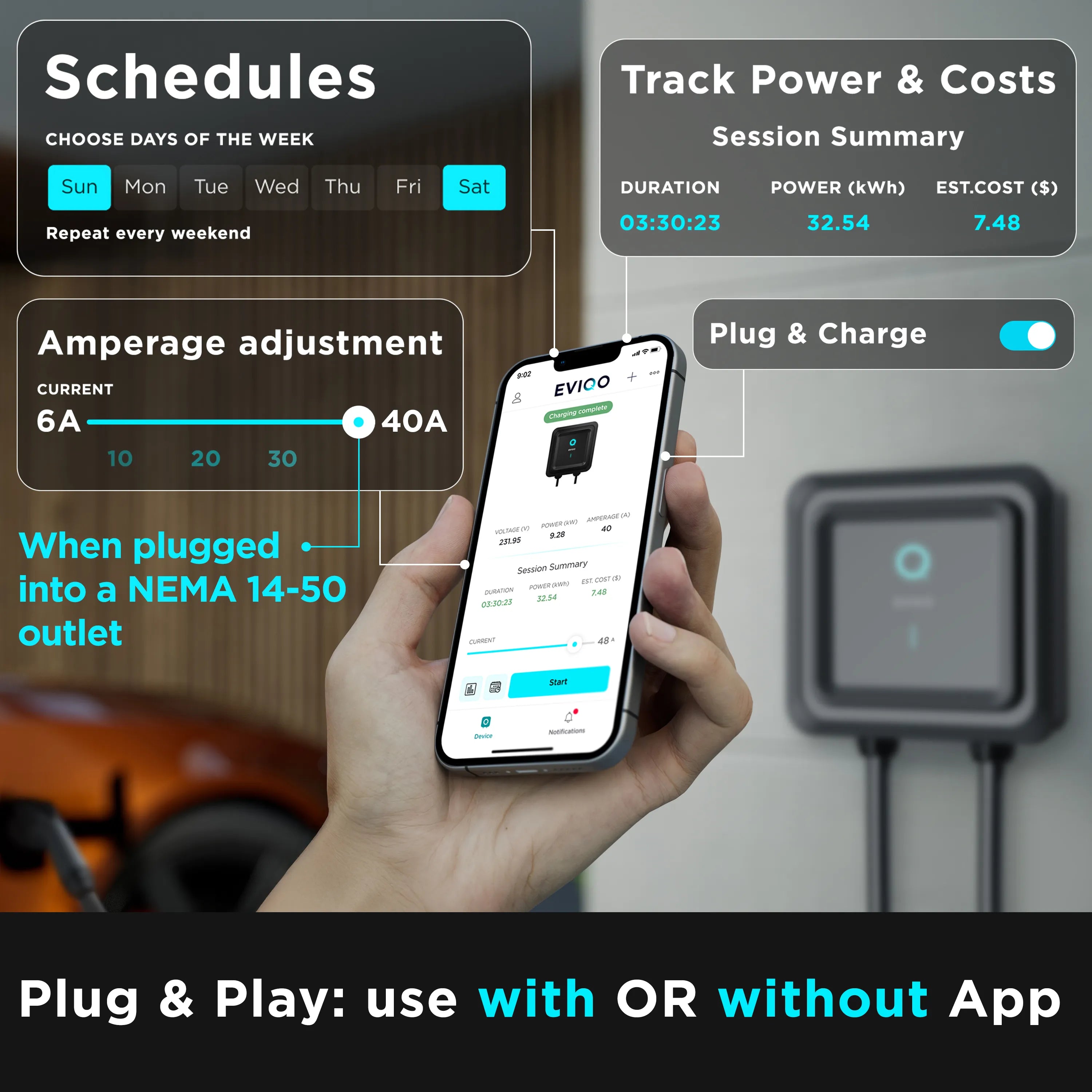 EVIQO Level 2 EV Charger - NACS Charger Compatible with Tesla - 40 Amp