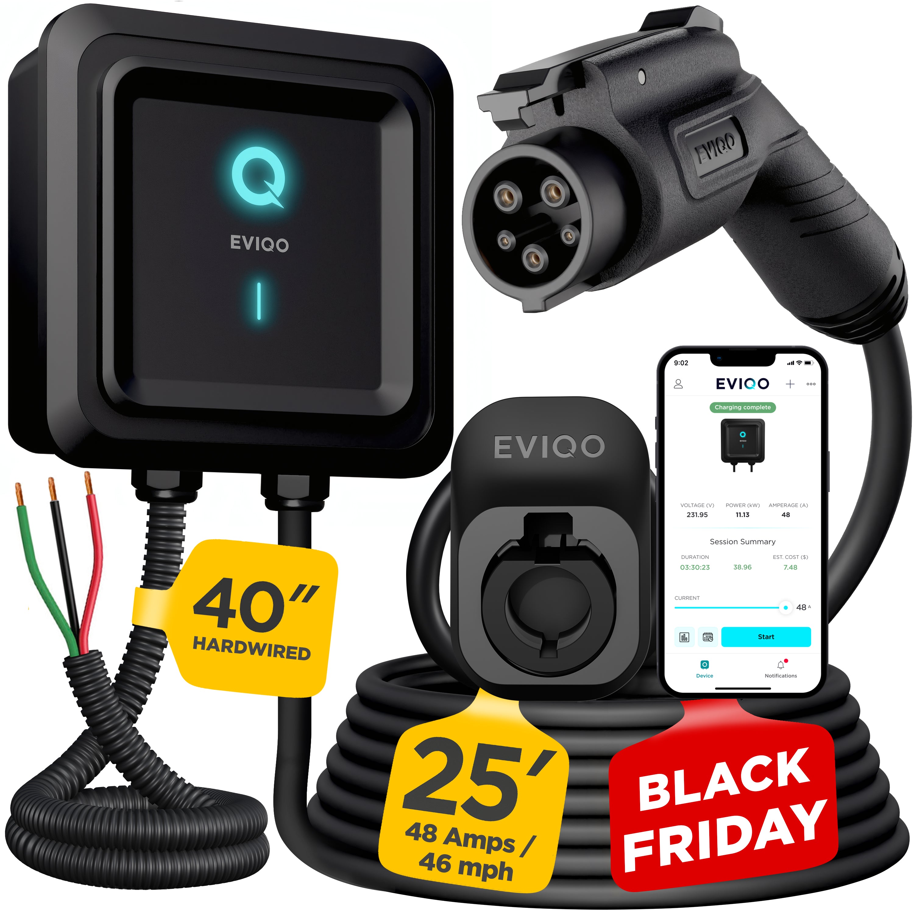 EVIQO Level 2 EV Charger Hardwire Version (240V) – 48 Amp