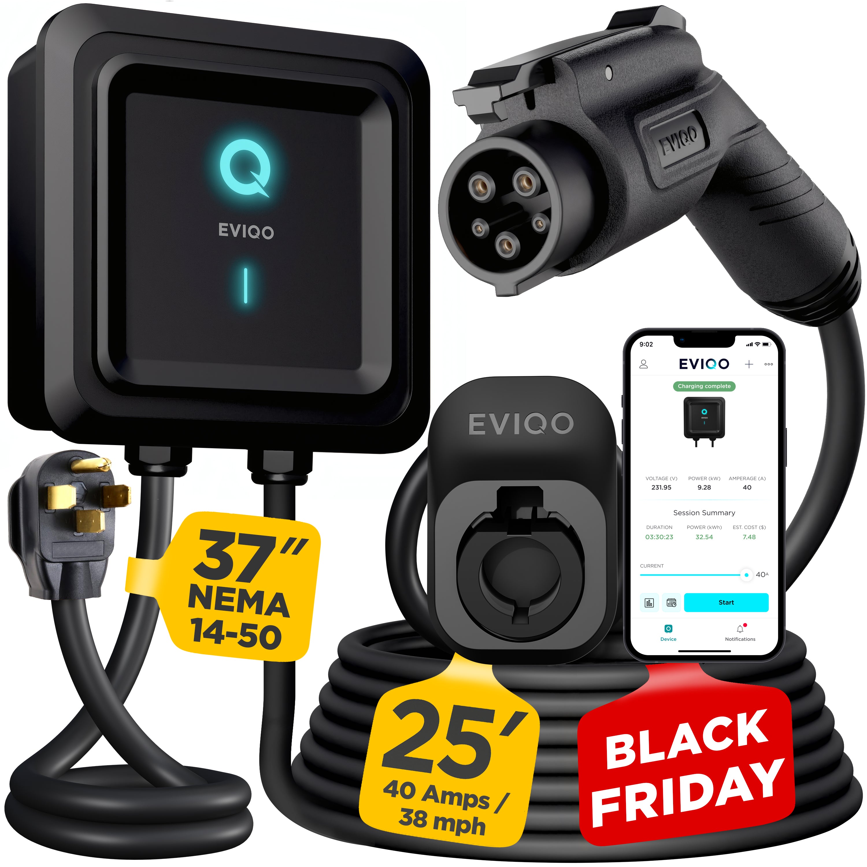 EVIQO Level 2 EV Charger GEN 2 NEMA 14-50 PLUG-IN (240V) - 40 Amp