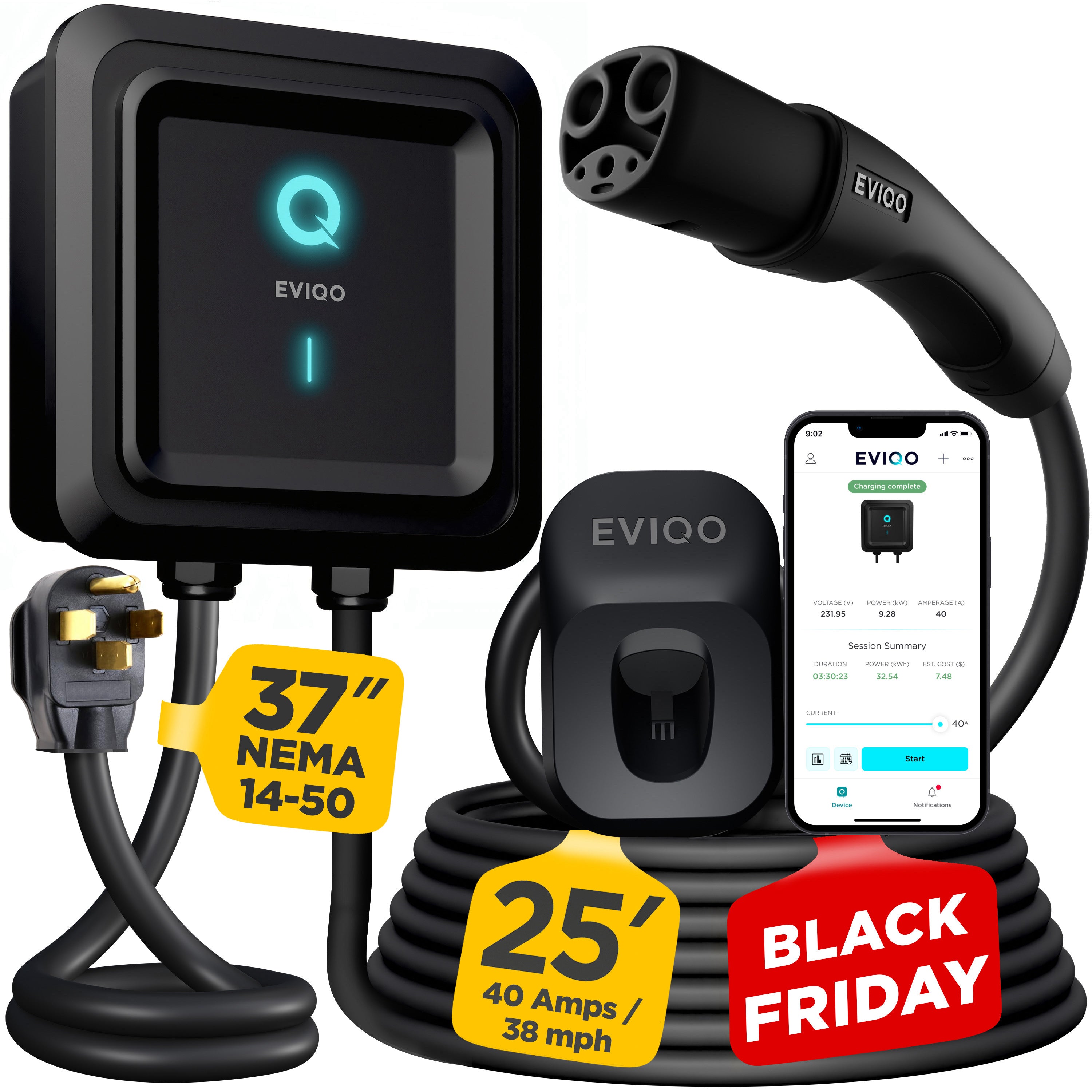 EVIQO Level 2 EV Charger - NACS Charger Compatible with Tesla - 40 Amp