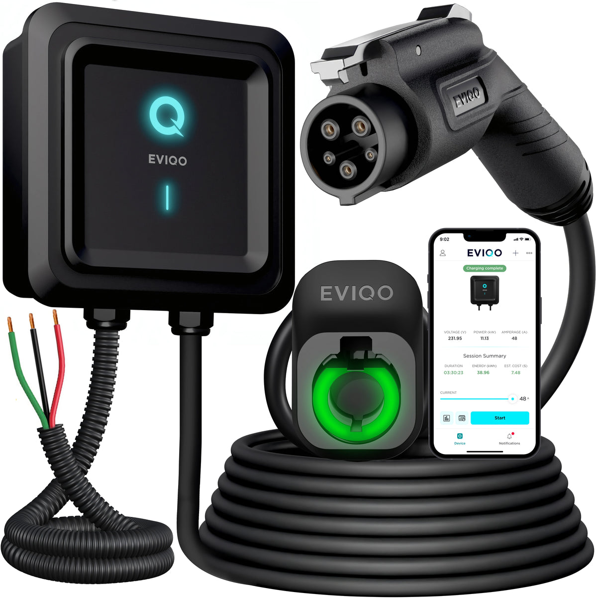 EVIQO Level 2 EV Charger, 48A (50A Max), 240V, Hardwired, J1772 for Non-Tesla EVs