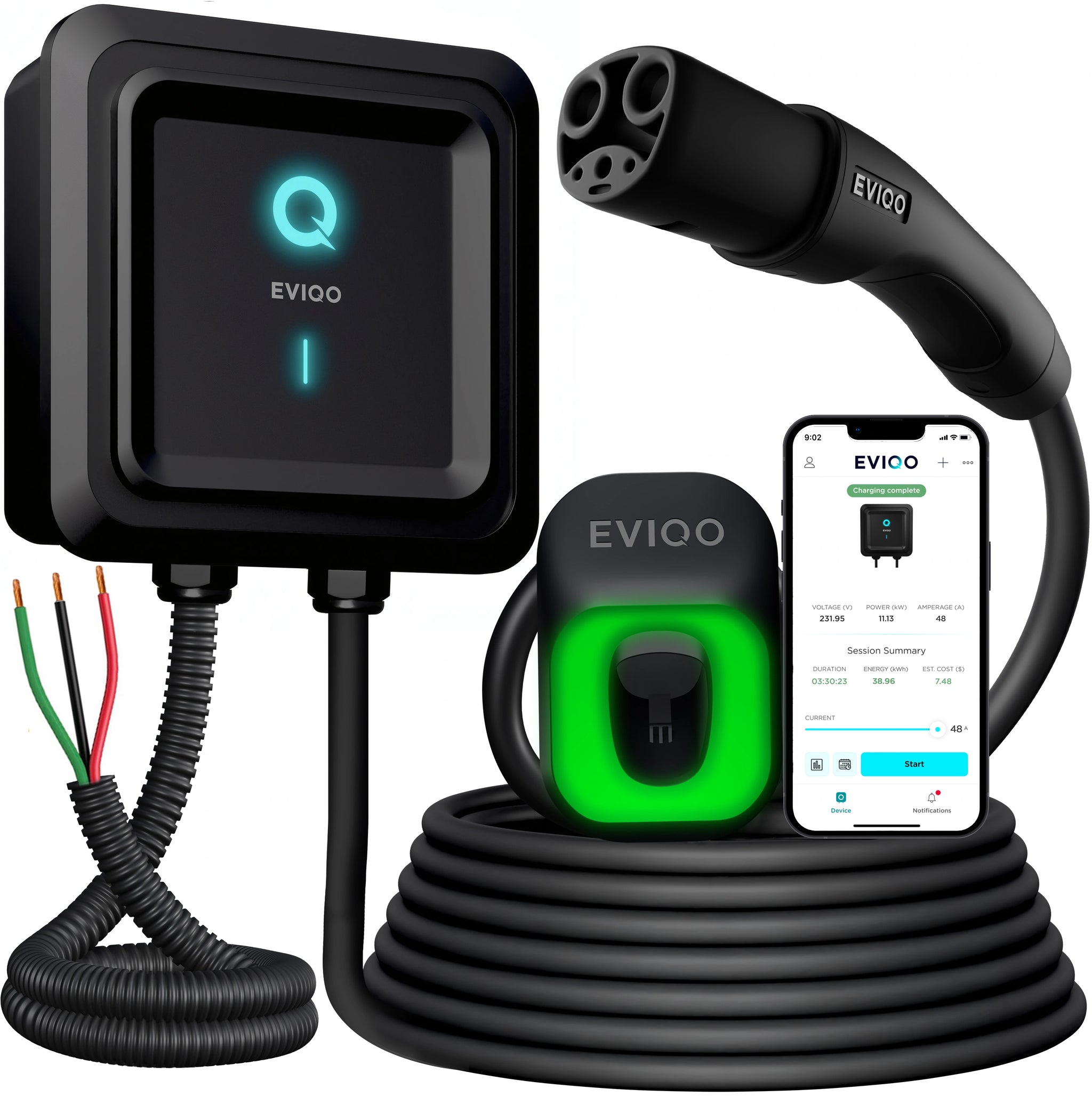 EVIQO NACS Level 2 EV Charger, 48A (50A Max), 240V, Hardwired, for Tes
