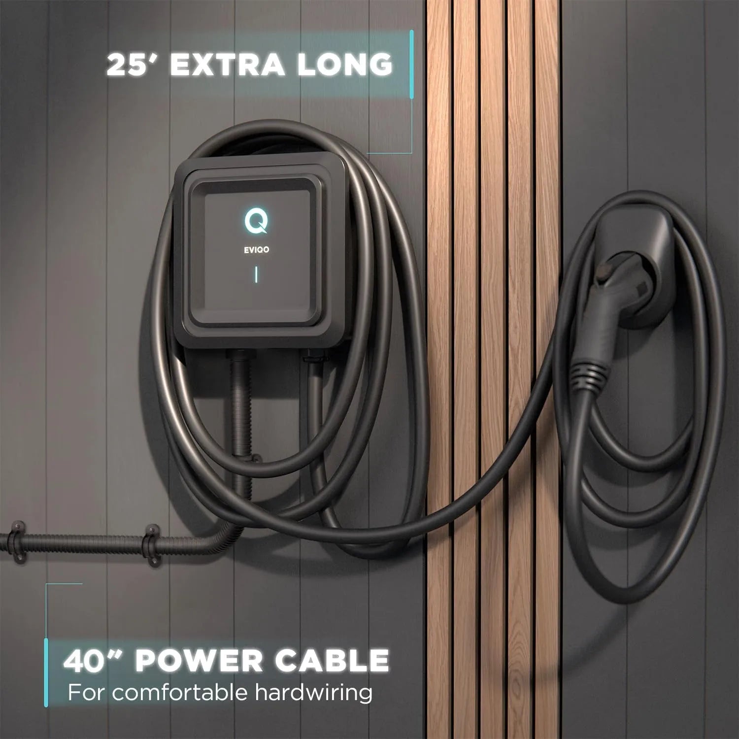 EVIQO Level 2 EV Charger Hardwire Version (240V) | 48 AMP Home Charging Station, 25' Cable, 40" input cable - EVIQO