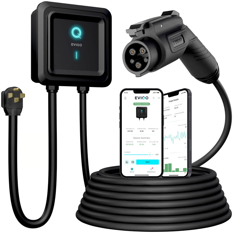 EVIQO Level 2 EV Charger 48 Amps – NEMA 14-50 Plug, J1772 25' Cable, WiFi (2.4 GHz) Smart App - Weatherproof Indoor/Outdoor (IP66,NEMA 4) UL, ETL Certified