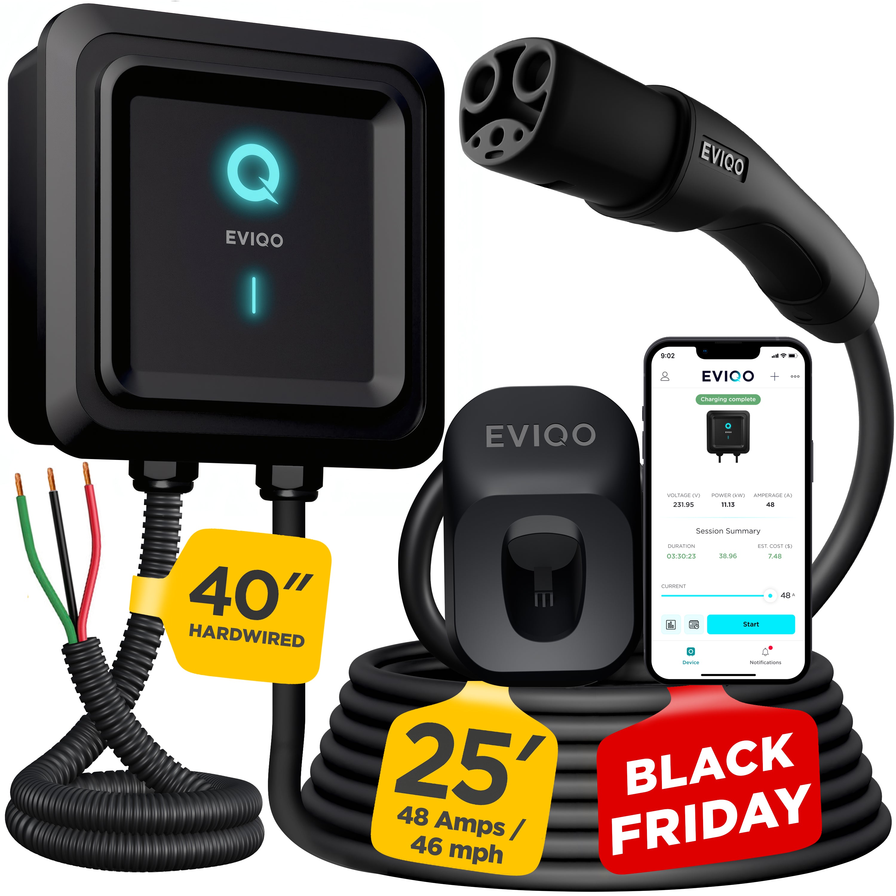 EVIQO Level 2 EV Charger Hardwired - NACS Charger Compatible with Tesla - 48 Amp