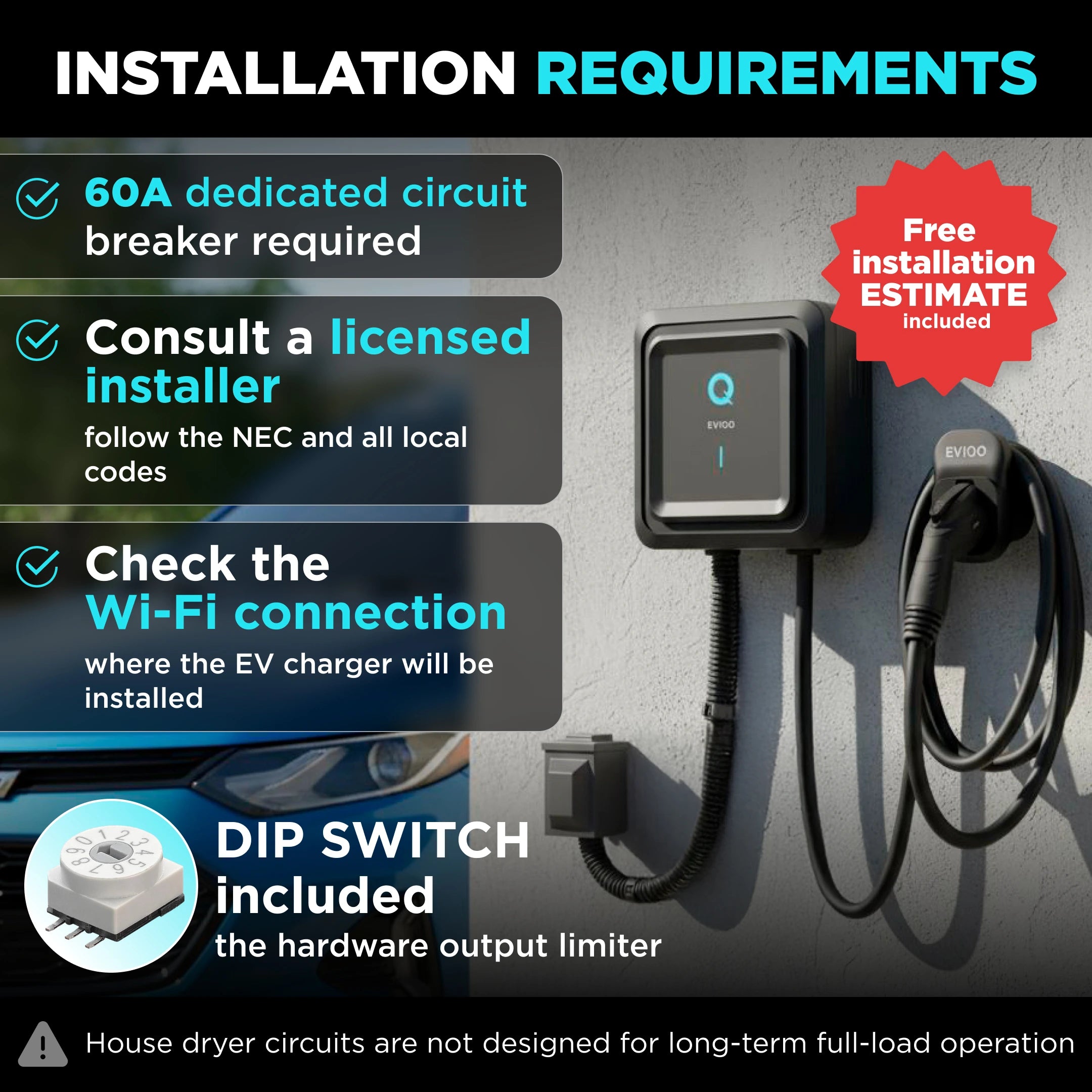 EVIQO Level 2 EV Charger Hardwire Version (240V) – 48 Amp