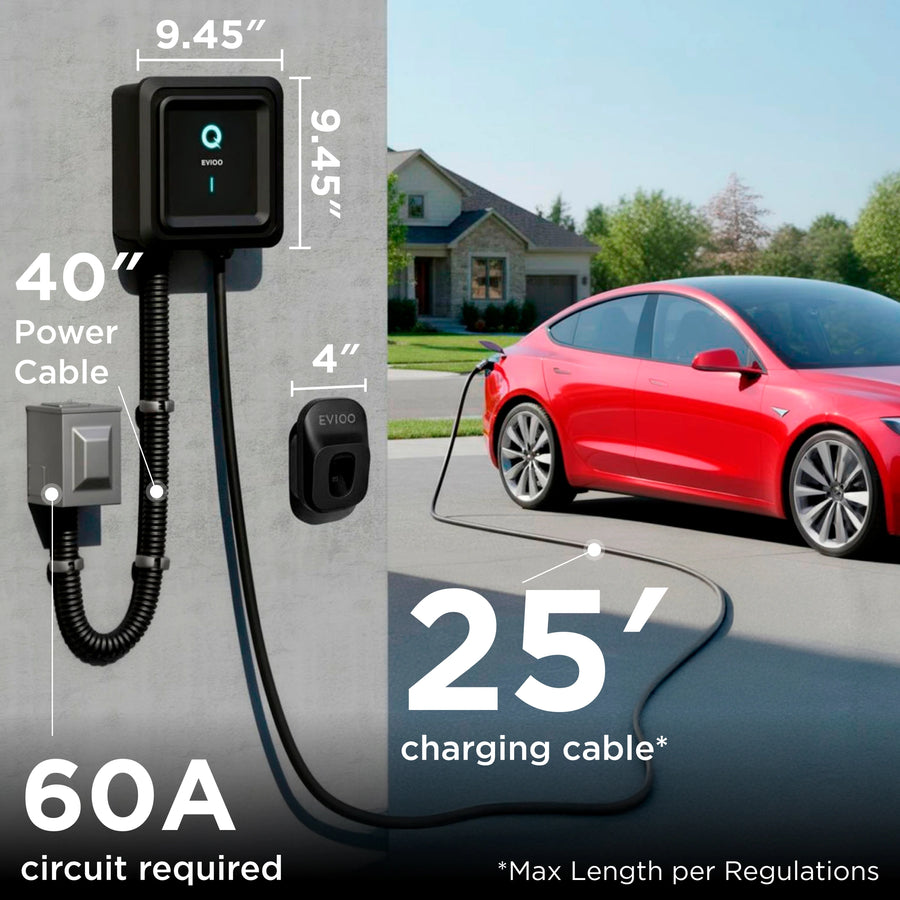 EVIQO NACS Charger for Tesla 48 Amp Hardwired Level 2 EV Charger - 240V Wall EV Charger Level 2, 25ft Cable, WiFi (2.4 GHz) Smart App - Weatherproof, Outdoor (IP66,NEMA 4) UL, ETL Certified