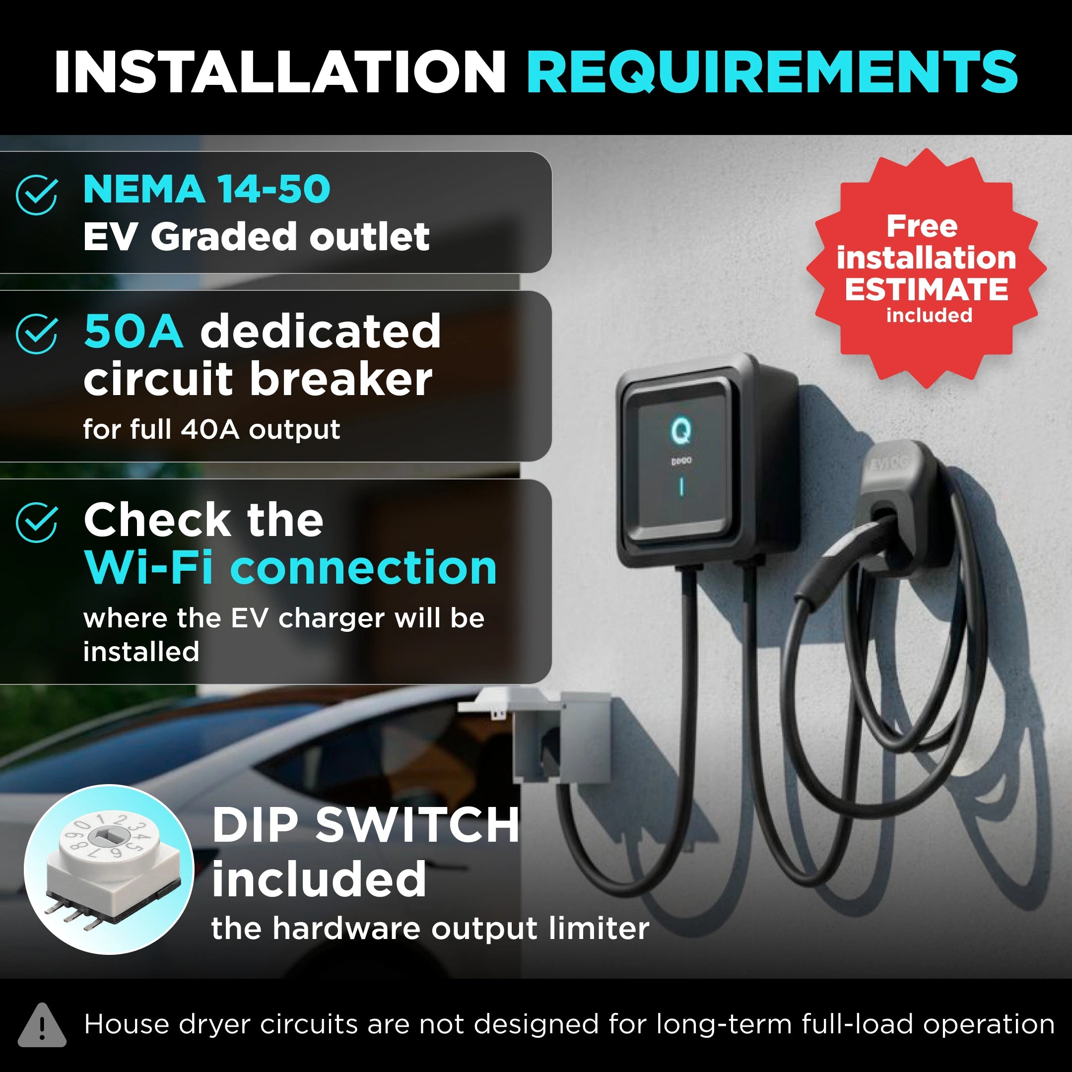 EVIQO Level 2 EV Charger - NACS Charger Compatible with Tesla - 40 Amp