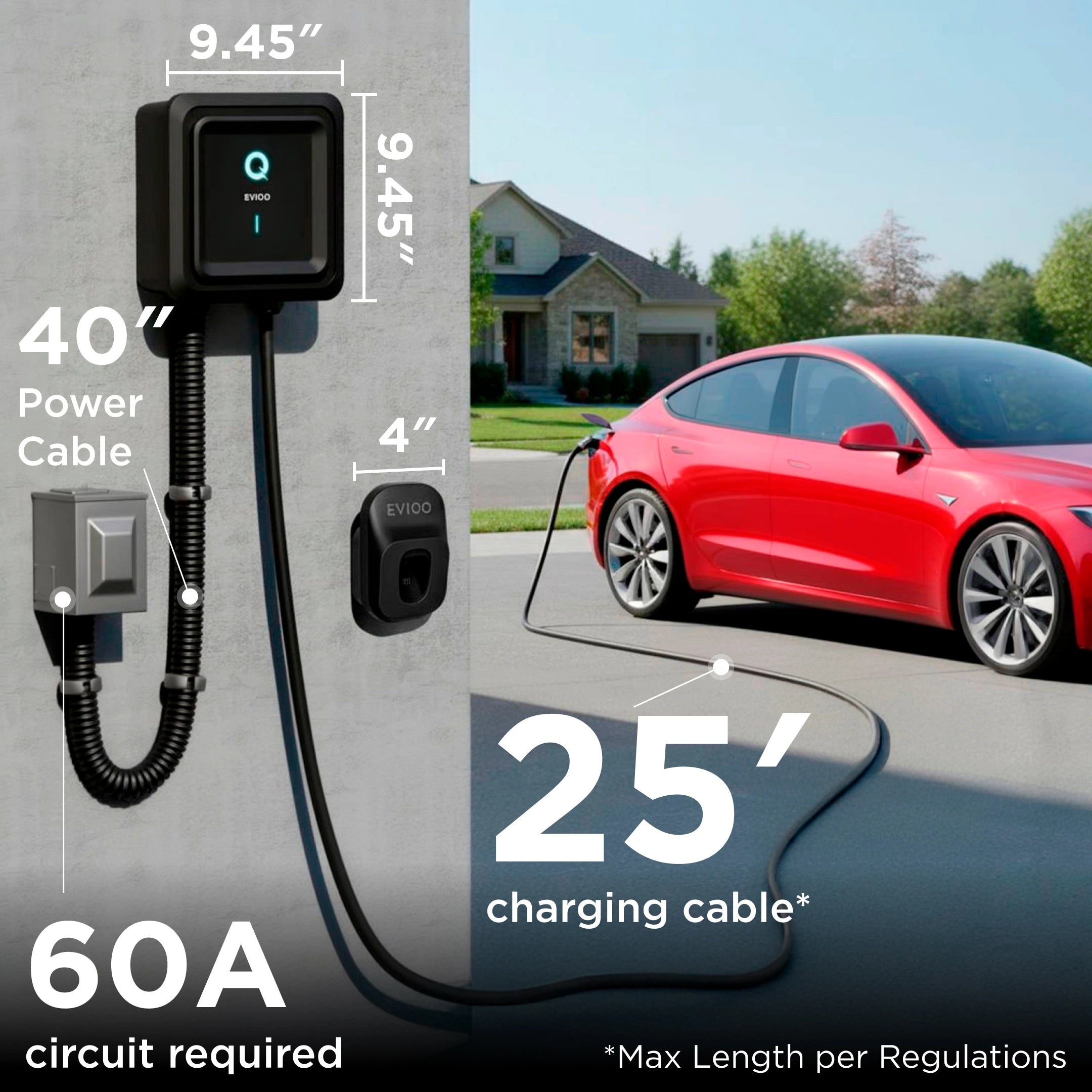 EVIQO Level 2 EV Charger Hardwired - NACS Charger Compatible with Tesla - 48 Amp