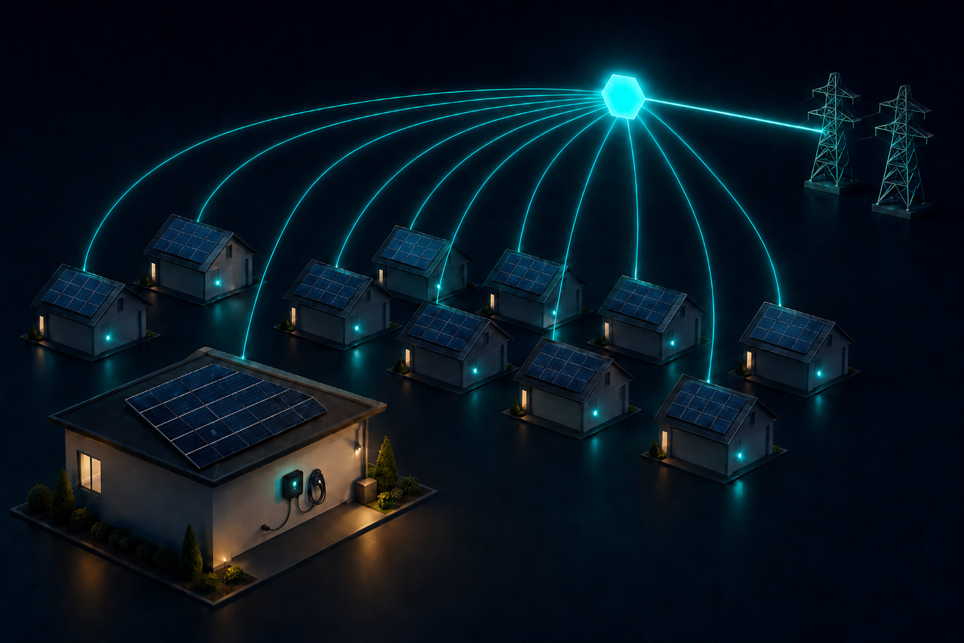 EVIQO connected home energy network — EV chargers, solar and the grid linked by a cloud platform